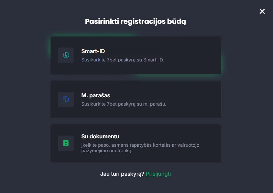 Registracijos būdai, suteikiantys prieigą prie 7Bet login