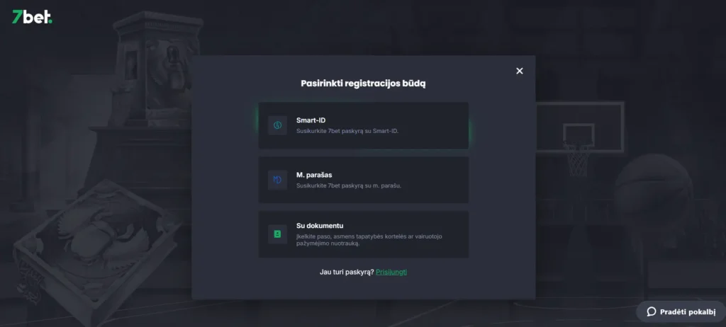 Registracijos puslapis svetainėje 7 Bet